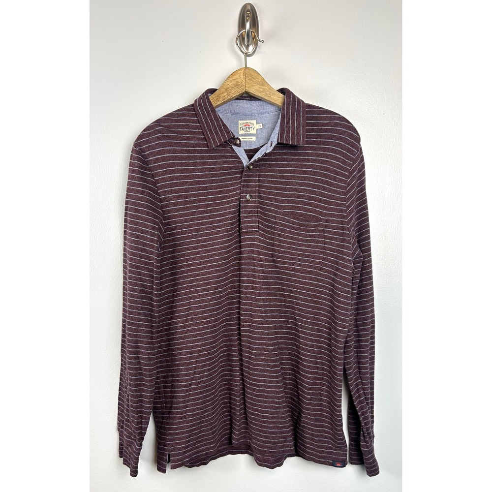 Faherty Organic Cotton Long Sleeve Luxe‎ Striped Heather Polo Shirt Maroon Large